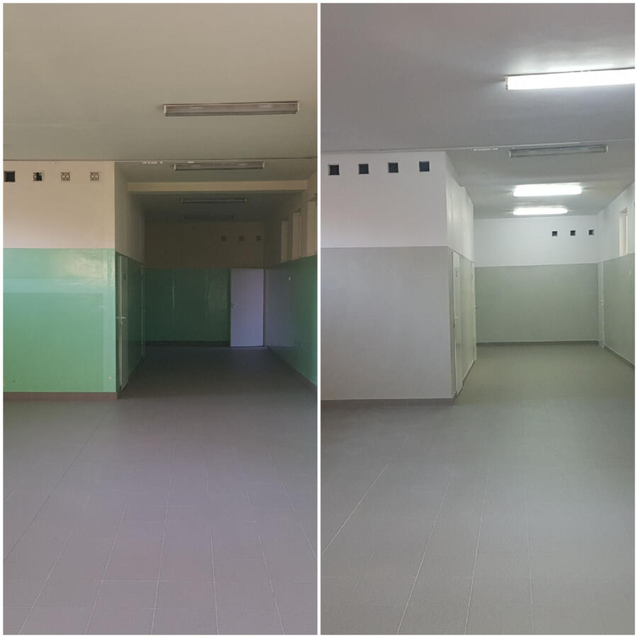 Odświeżenie ścian w szkole podstawowej. Malowanie ścian i sufitów plus lamperia. Kompleksowe malowanie szkoły podstawowej, ściany, sufity oraz lamperia – prace malarskie Biała, województwo łódzkie.